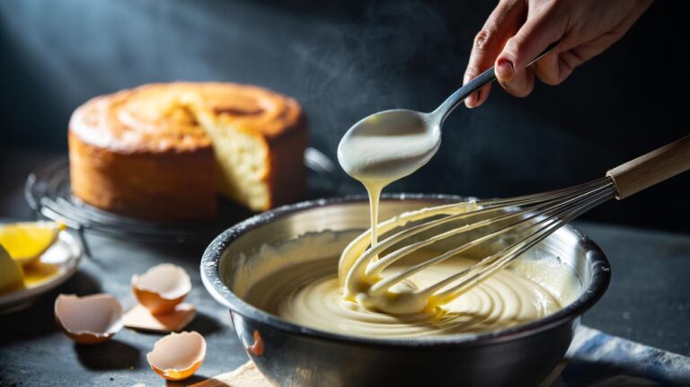 Illustration of plain yogurt being added to cake batter to increase moisture for a fluffier crumb