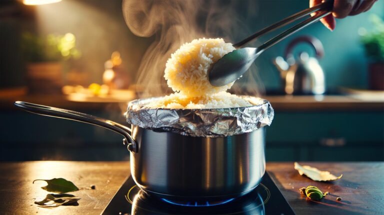 Illustration of a pot tightly sealed with foil to steam rice for fluffy, separate grains