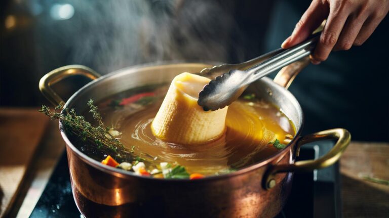 Illustration of a cheese rind simmering in a pot of soup to add deep flavour