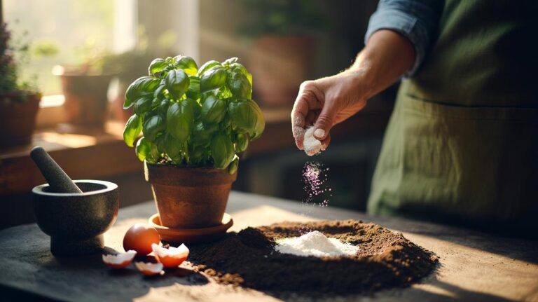 Illustration of crushed eggshell powder sprinkled on the soil of a potted basil plant