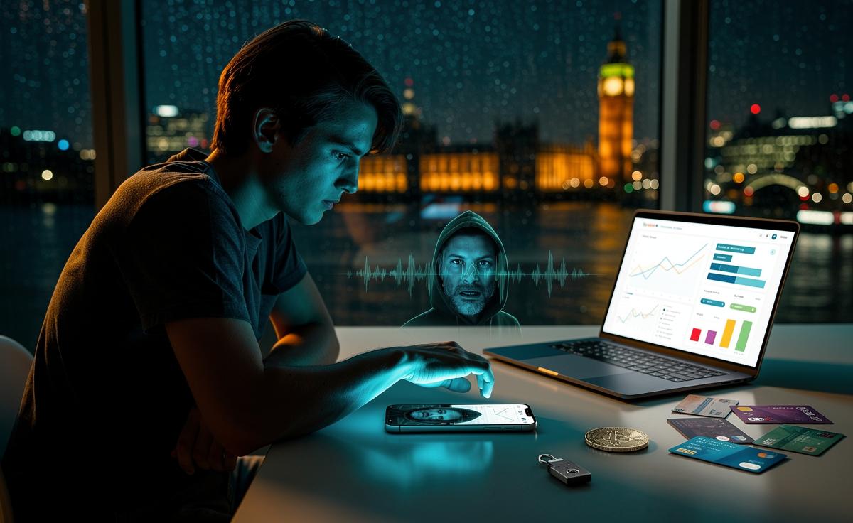 Illustration of UK consumers being targeted by 2024 money scams, including APP fraud texts, deepfake phone calls, and clone investment ads