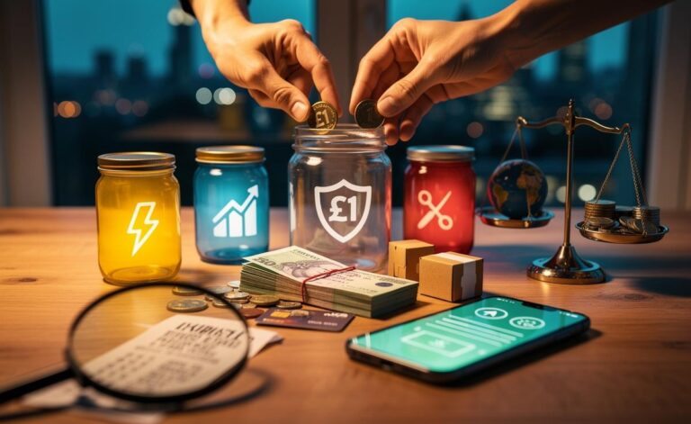 Illustration of UK money tips to avoid common financial traps in 2026, including budgeting, BNPL caution, diversified investing, tax planning, and cutting hidden fees