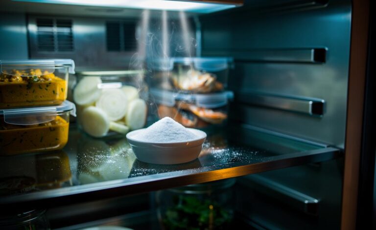 Illustration of an open container of baking soda on a refrigerator shelf neutralising odours overnight