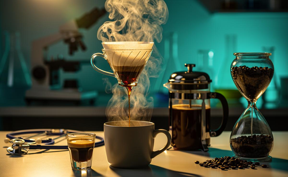 Illustration of a new scientific study on coffee’s health benefits, featuring a cup of coffee, paper‑filter equipment, and data charts highlighting moderation