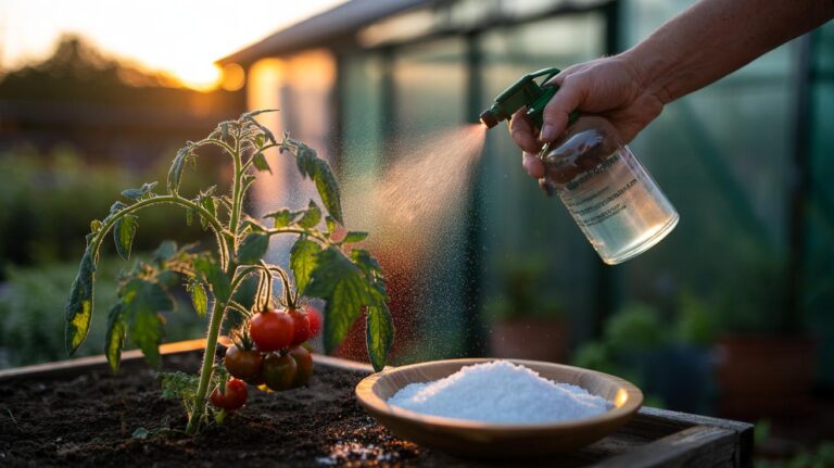 Illustration of Epsom salt being applied as a foliar spray to tomato plants at dusk to boost magnesium for fruit development