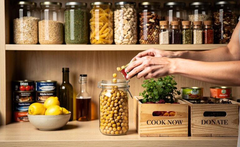 Illustration of a streamlined, organized kitchen pantry with labeled glass jars, tinned tomatoes, pulses, whole grains, and spices, reflecting UK dietitians’ capsule pantry guidance and the Three-Box clear-out method