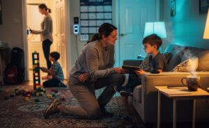 Illustration of parents addressing common parenting mistakes—over-scheduling, hollow praise, inconsistent discipline, excessive screen time, and parental burnout