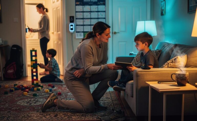 Illustration of parents addressing common parenting mistakes—over-scheduling, hollow praise, inconsistent discipline, excessive screen time, and parental burnout