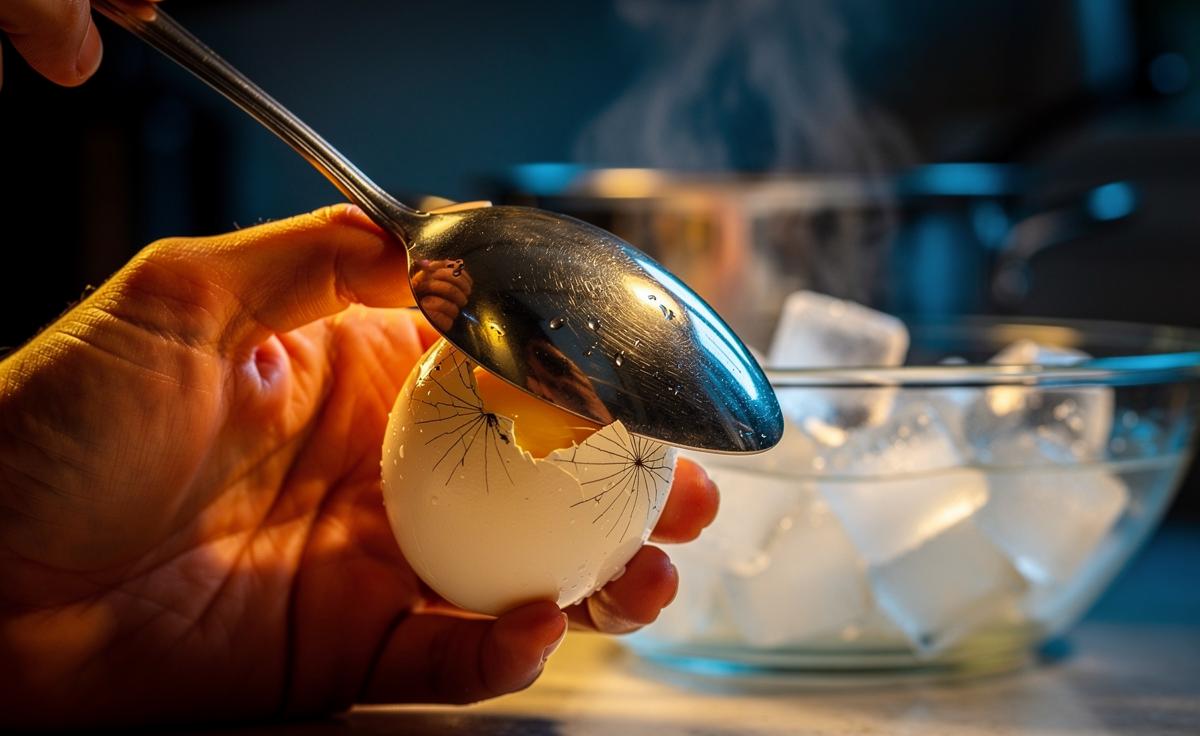 Illustration of cracking and peeling a hard-boiled egg with a spoon in 10 seconds