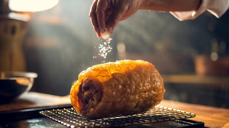 Illustration of a hand sprinkling coarse salt over pork rind to achieve crispy crackling