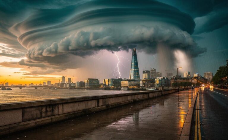 Illustration of unpredictable summer thunderstorms over the UK in 2026 driven by a wavy jet stream and warm Atlantic waters