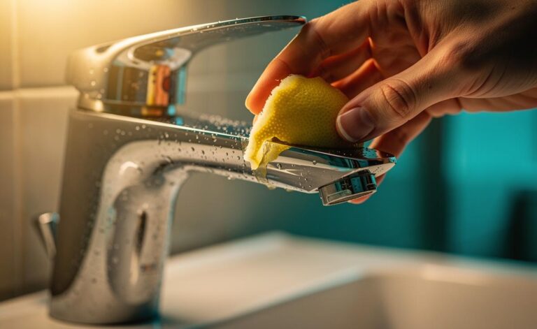 Illustration of a hand rubbing a chrome tap with a lemon rind to remove water spots