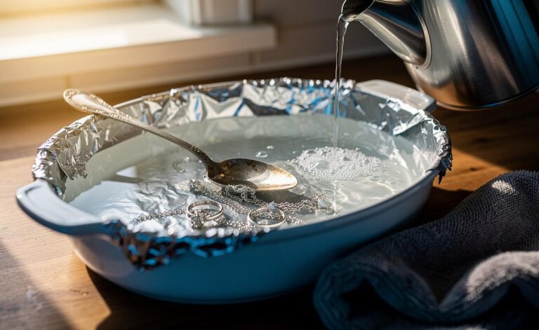 Illustration of tarnished silver cutlery and jewellery touching aluminium foil in a hot water and bicarbonate of soda bath