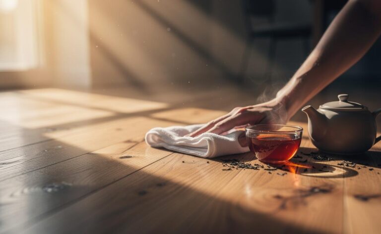 Illustration of using black tea tannins to polish wood floors for a quick three-minute natural shine