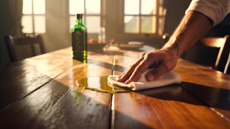 Illustration of a hand polishing a wooden table with olive oil using a soft cloth