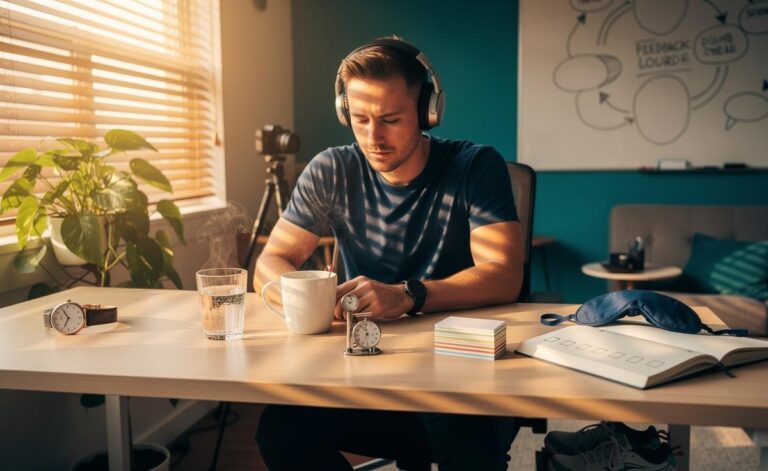 Illustration of high performers applying powerful habits: deliberate planning, energy management, rapid feedback loops, deliberate practice, and disciplined recovery