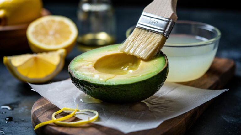 Illustration of lemon juice being brushed onto a halved avocado with the cut surface covered by cling film to prevent browning