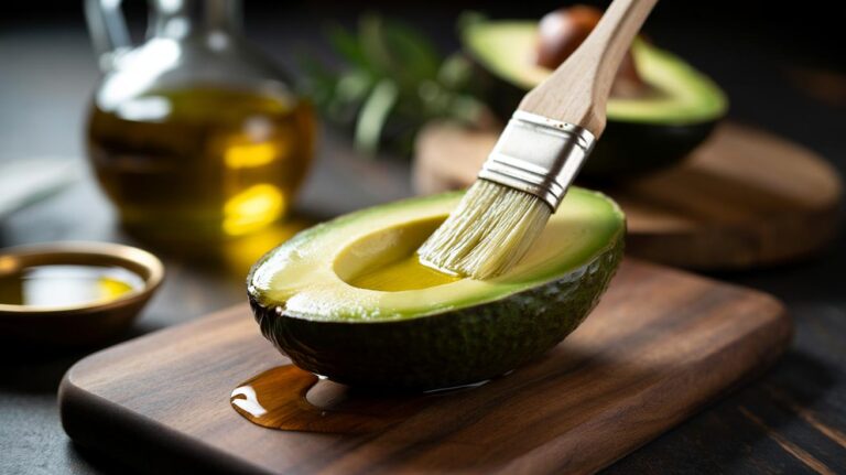 Illustration of an avocado half being brushed with olive oil to prevent browning