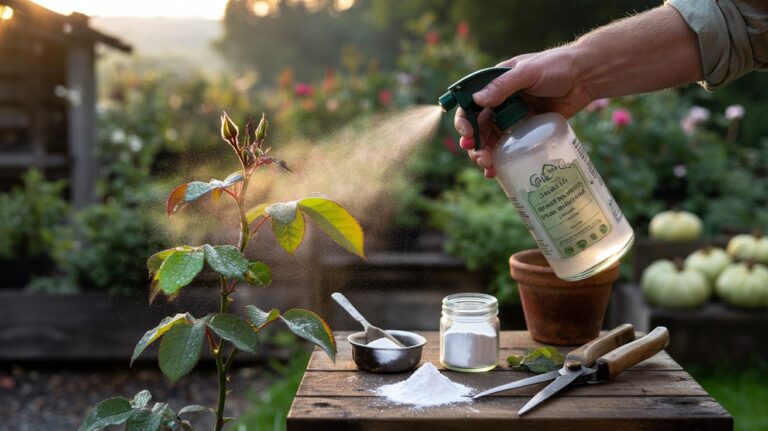 Illustration of a gardener applying a baking soda (sodium bicarbonate) foliar spray to rose leaves to prevent powdery mildew