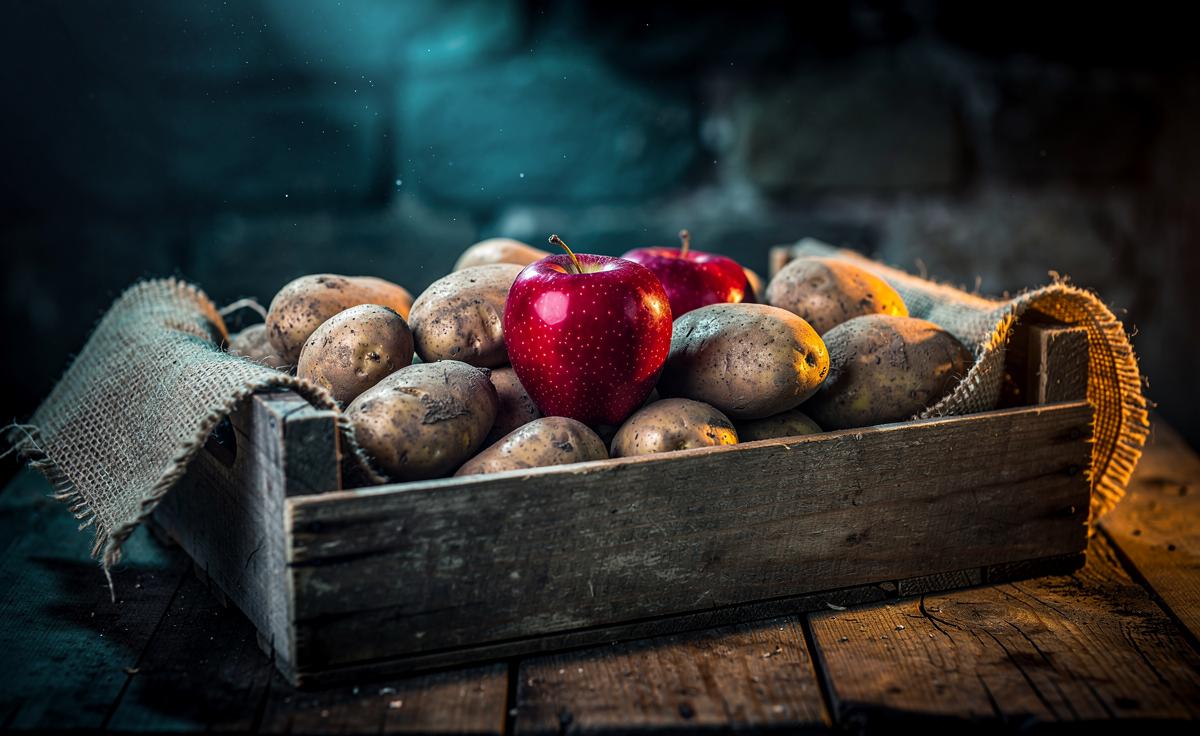 Illustration of apples placed among stored potatoes to inhibit sprouting via ethylene