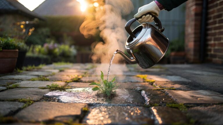 Illustration of boiling water being poured from a kettle onto weeds growing between paving stones