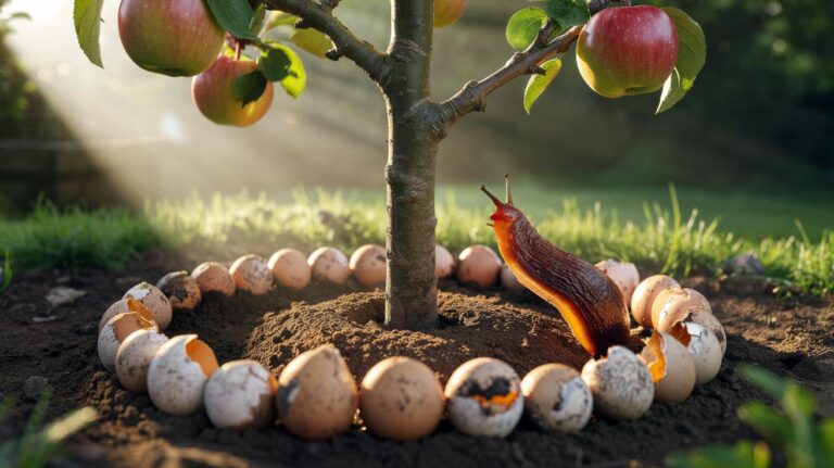 Illustration of crushed eggshells forming a ring around the base of a fruit tree as a natural pest deterrent