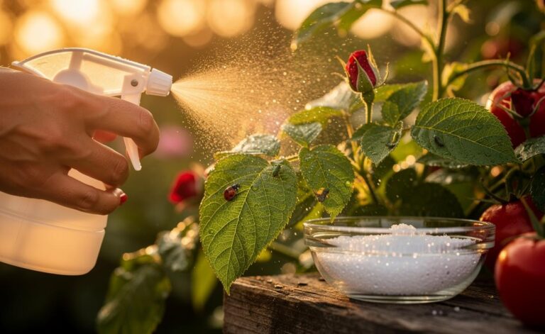 Illustration of a gardener applying an Epsom salt (magnesium sulfate) foliar spray to tomato and rose leaves to boost magnesium, improve growth, and deter sap-sucking pests