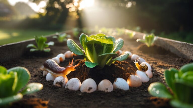 Illustration of seedlings protected by crushed eggshell barriers deterring slugs and snails