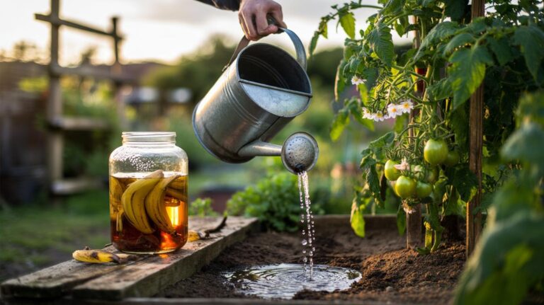 Illustration of banana peel tea steeping in a jar and a gardener watering tomato plants with the diluted brew to boost potassium and improve yields