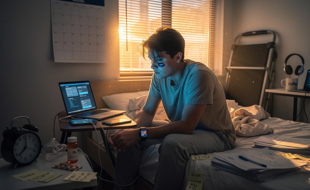 Illustration of a tired person surrounded by symbols of cognitive load, circadian disruption, mood-related stress, digital overload, and medical checks