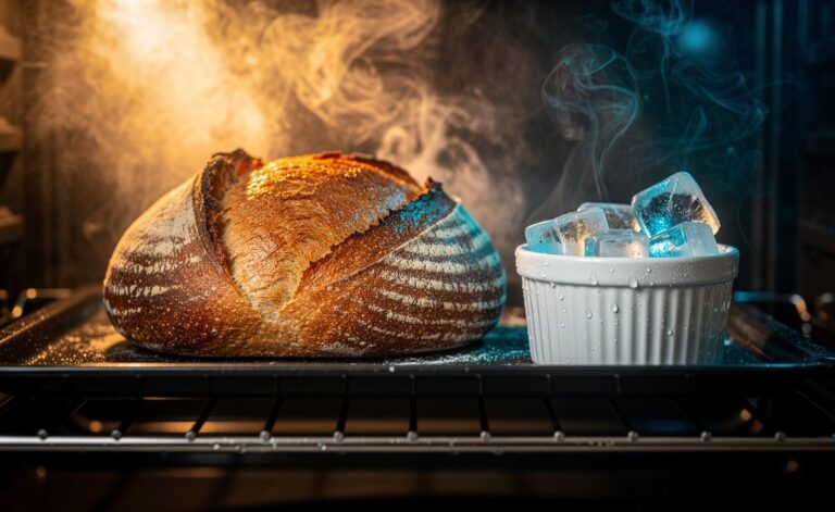 Illustration of ice cubes in a heatproof ramekin beside a loaf in a hot oven, generating steam to restore bread softness in five minutes