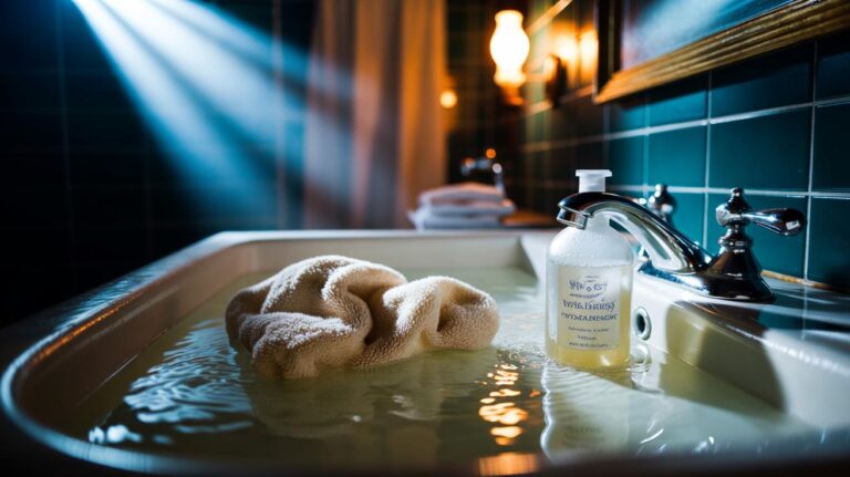 Illustration of musty bath towels soaking overnight in warm water with white vinegar to revive fibres and eliminate odour