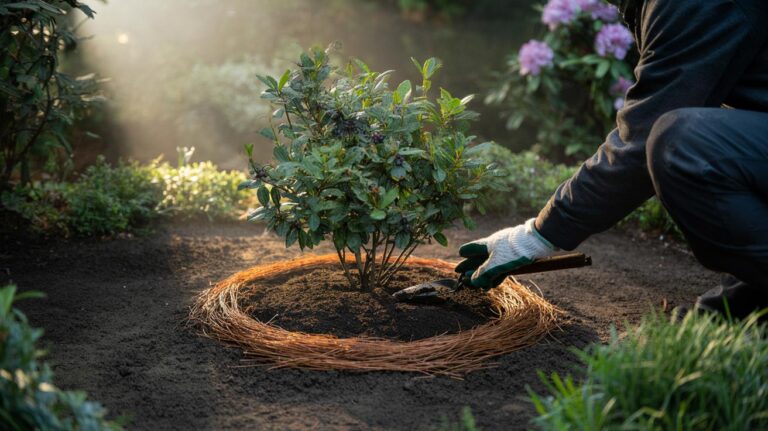 Illustration of pine needles used as mulch to regulate soil pH and create optimal conditions for acid-loving plants