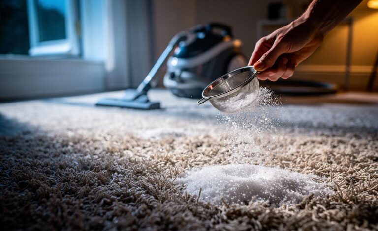 Illustration of sprinkling fine table salt across a carpet to absorb odours overnight before vacuuming