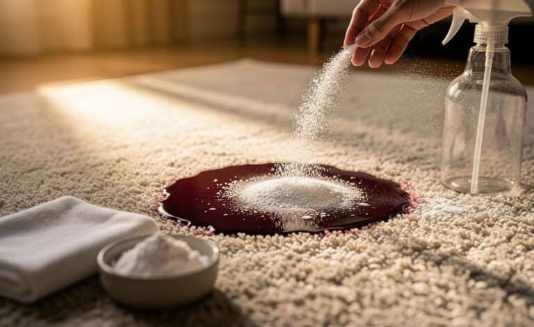 Illustration of removing a carpet stain with baking soda in two minutes