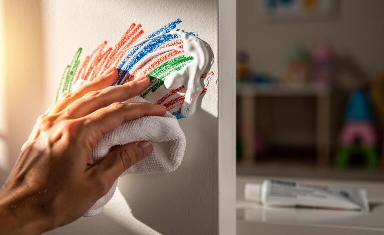 Illustration of a hand using white toothpaste on a soft cloth to remove crayon marks from a painted wall