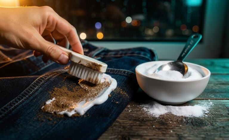 Illustration of baking soda paste being gently scrubbed onto muddy fabric to lift dirt stains, with a soft brush and a bowl of bicarbonate of soda visible