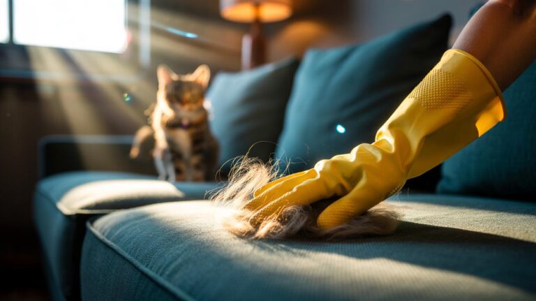 Illustration of a rubber-gloved hand lifting pet hair from upholstery using static electricity