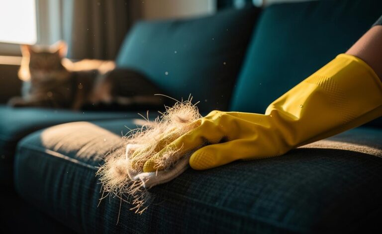 Illustration of removing pet hair with a rubber glove in a quick wipe
