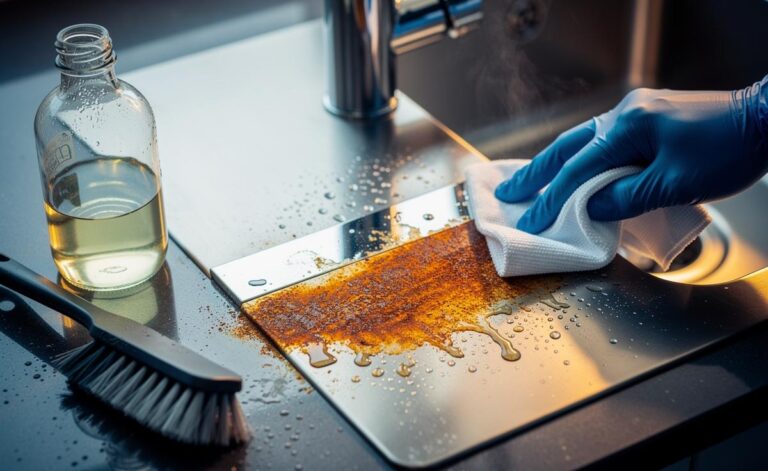 Illustration of removing rust stains with white vinegar in 10 minutes on a stainless steel sink and tap