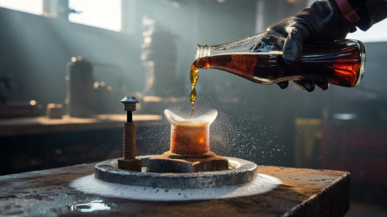 Illustration of using cola's acidic fizz to dissolve rust on a metal surface in seconds