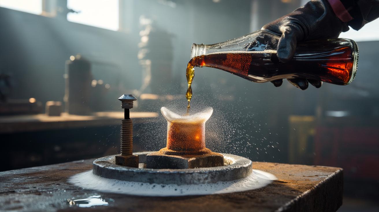 Illustration of using cola's acidic fizz to dissolve rust on a metal surface in seconds