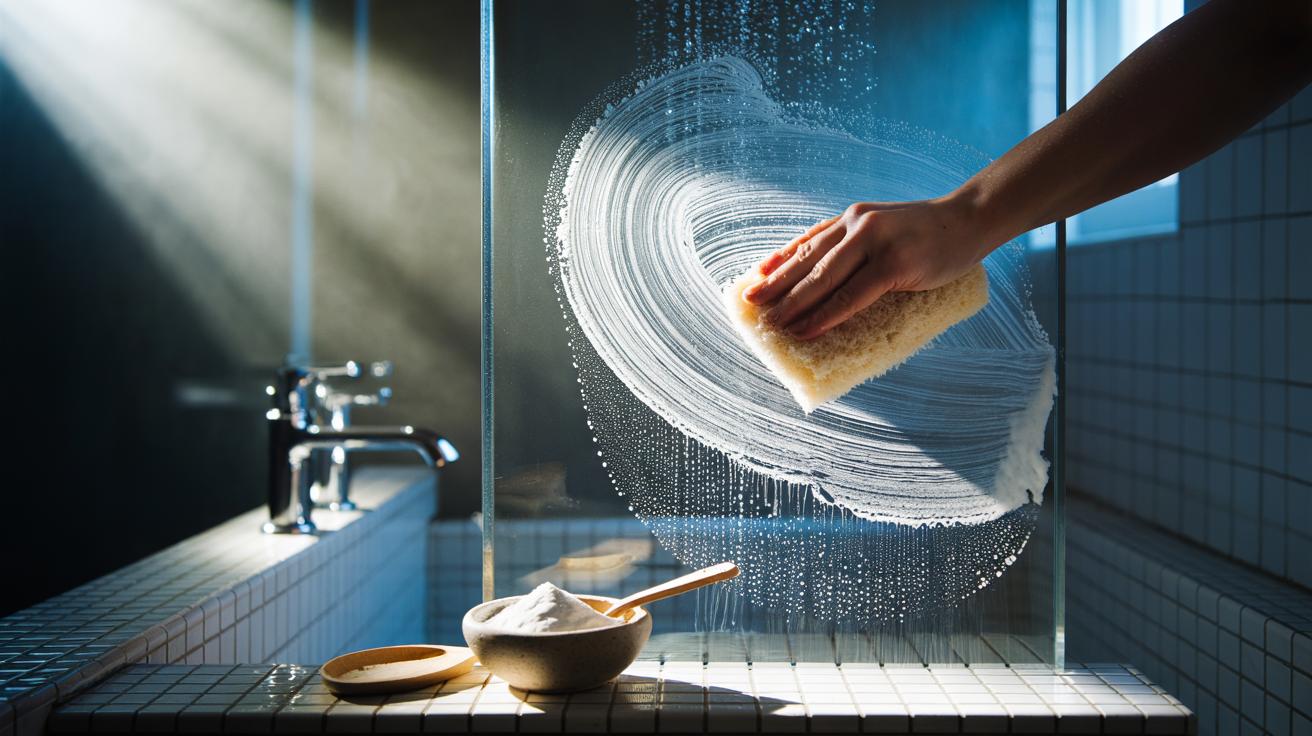 Illustration of a hand cleaning soap scum from a shower screen using baking soda paste on a soft sponge, highlighting gentle abrasion without harsh chemicals