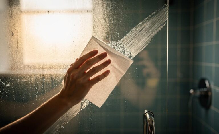 Illustration of a hand rubbing a damp dryer sheet on a glass shower door to dissolve soap scum buildup in seconds