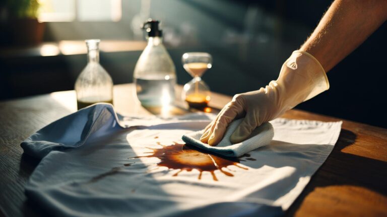 Illustration of [white vinegar and a microfibre cloth removing a coffee stain from fabric in two minutes]