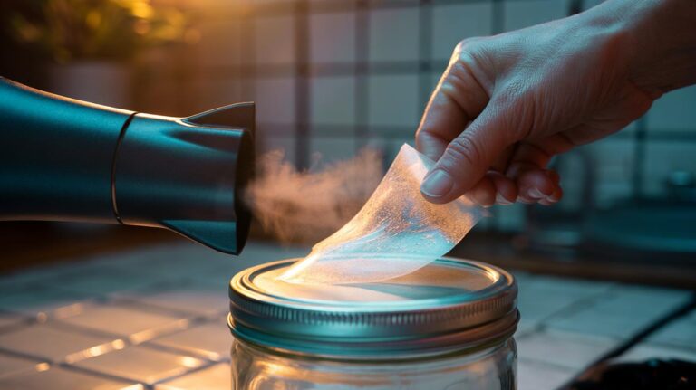 Illustration of [a hairdryer softening adhesive on a sticker being peeled from a smooth surface]