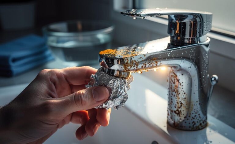 Illustration of a hand using crumpled aluminium foil and water to lightly scrub rust from a chrome tap, restoring shine in minutes