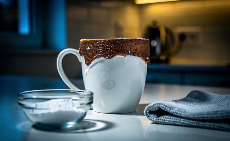 Illustration of baking soda paste applied to a tea-stained ceramic mug, left overnight to absorb and neutralise tannins