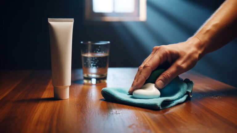 Illustration of a person applying white toothpaste with a microfibre cloth to remove a water mark from a wooden table