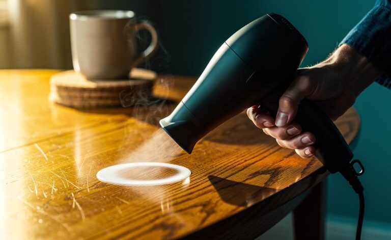 Illustration of a person using a hair dryer to erase white water rings from a wooden table